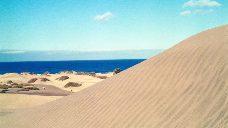 Zandduinen van Maspalomas op Gran Canaria met de blauwe oceaan op de achtergrond