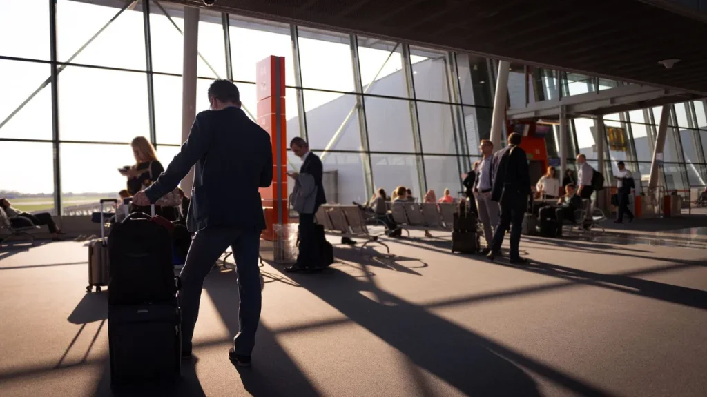 Reizigers met handbagage in een zonnige vertrekhal op de luchthaven, wachtend op hun vlucht